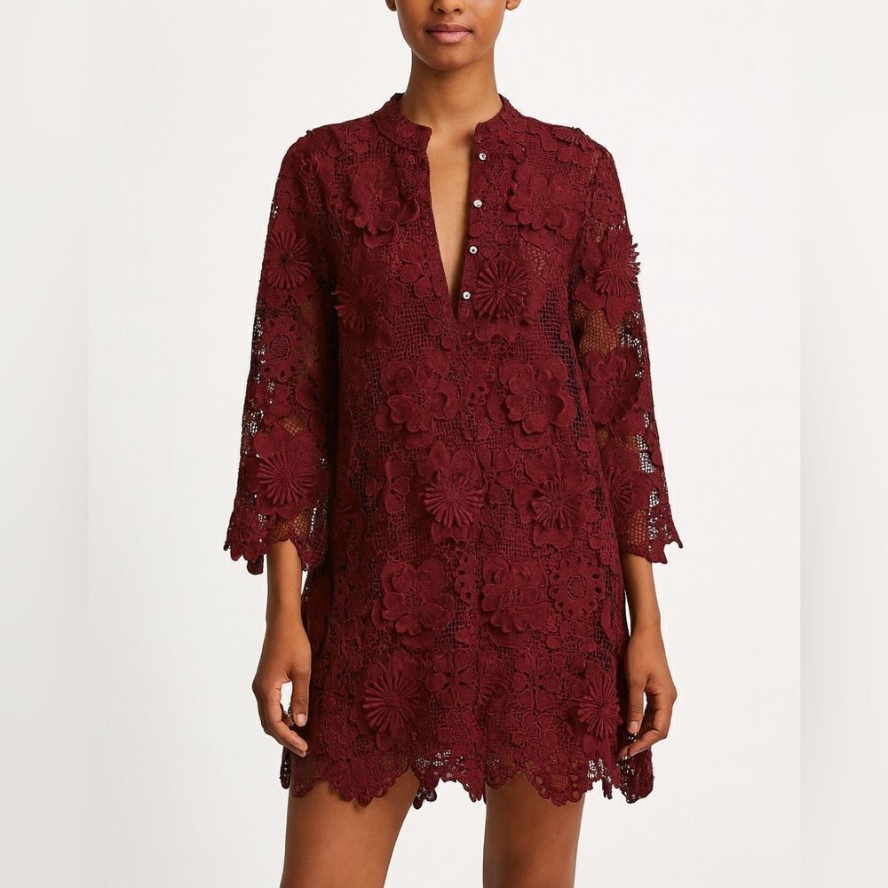 J. Marie Floral Lace Mini Dress Appliqué Crochet Lined Size XL‎ Burgundy Wine
